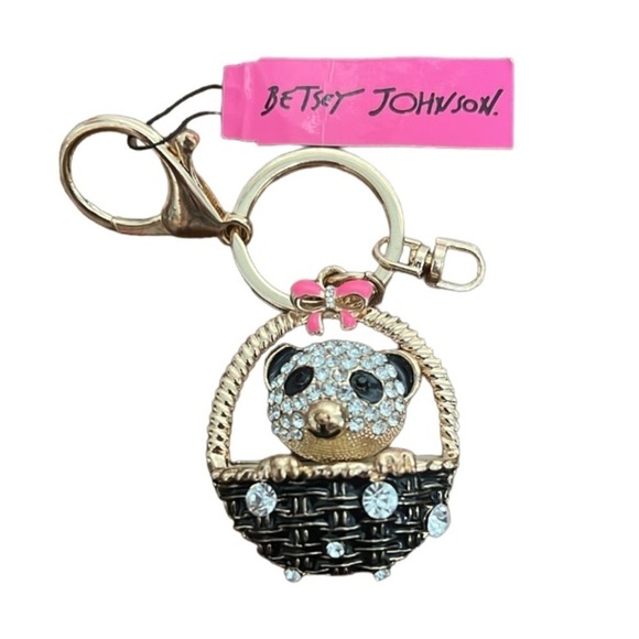 NWT Betsey Johnson Panda Bear in basket Charm Rhinestones Bag Handbag Keychain - Picture 1 of 8
